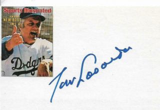 Tommy Tom Lasorda Signed 3x5 Index Card Los Angeles Dodgers Hof