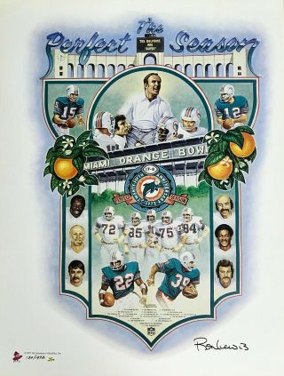1972 Miami Dolphins " The Perfect Season " Lithograph Signed By Artist Ron Lewis