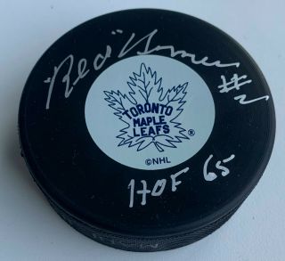 Red Horner Signed Toronto Maple Leafs Nhl Hockey Puck Autographed Authentic