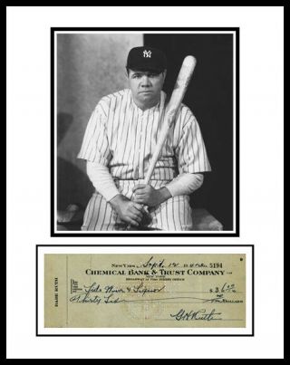 Babe Ruth Signed Bank Check Auto Photo Display Ready 2 Frame Sultan Of Swat