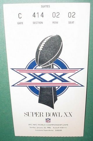 Bowl Ticket Stub Xx - 1986 Chicago Bears England Patriots White Brian