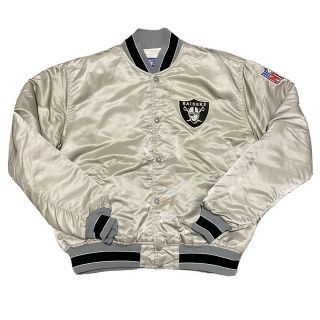 Vtg Starter La Los Angeles Raiders Silver Satin Bomber Jacket Button Up Coat Xl