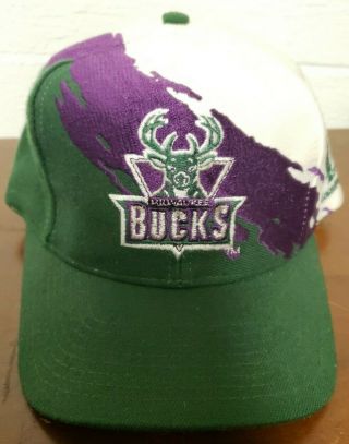 Vtg Milwaukee Bucks Logo Athletic Splash Snapback Hat,  1990 