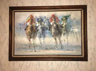 Vintage Large Signed Abstract Horse Racing Oil On Canvas Painting