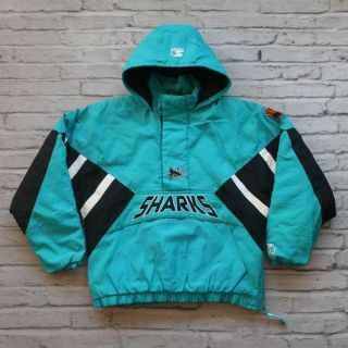 Vintage 90s San Jose Sharks Pullover Parka Jacket By Starter Size Xl Rare