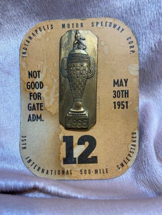 Indianapolis 500 Motor Speedway 1951 Brass Pit Pass Vintage Indy Pin Badge