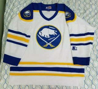 Vintage 90s Starter Buffalo Sabres Hockey Jersey Away White Blue Yellow Logo Xl