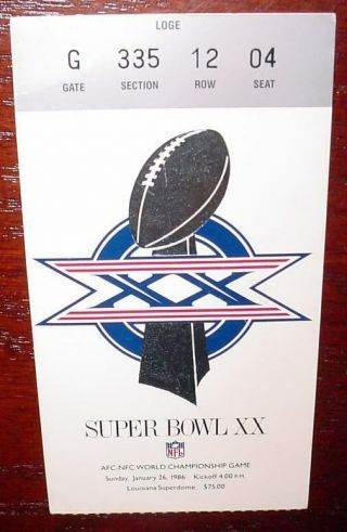 Bowl Ticket Stub Xx - 1986 Chicago Bears England Patriots