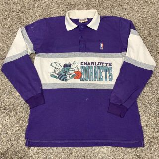Vintage 90s Charlotte Hornets Long Sleeve Rugby Shirt Mens Large Nutmeg Usa Nba