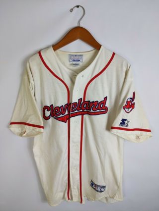 Vintage 1990’s Cleveland Indians White Starter Jersey Sz L Chief Wahoo Stitched