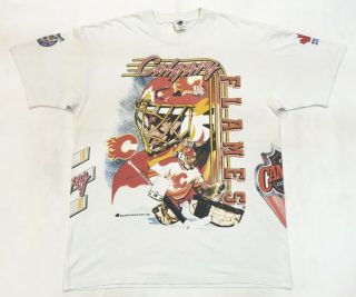 Vintage Bulletin Athletic 1992 Nhl Calgary Flames All Over Print T - Shirt Xl Tee