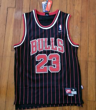 Michael Jordan Chicago Bulls Nike Black Red Pinstriped Swingman Jersey Medium