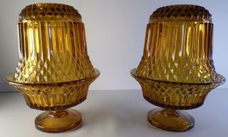 Vintage Indiana Amber Glass Fairy Lamps Diamond Point For Candles