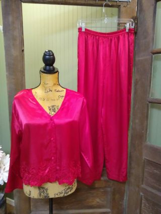 Vintage Gold Label Victorias Secret Womens Pajama Set Size M Red Satin Pants Top
