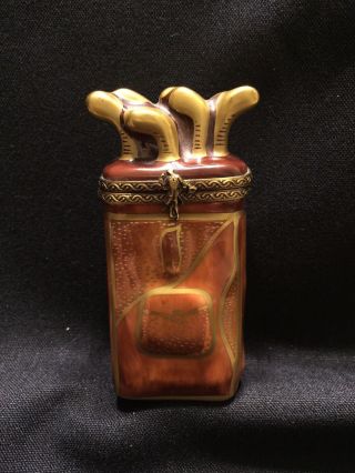 Vintage • • Limoges France Peint Main Brown Golf Bag Porcelain Trinket Box