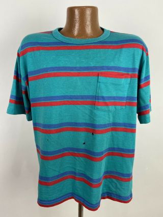 Vintage 80s Striped Colorblock Pocket T - Shirt L Teal Blue Skater Wentworth Usa