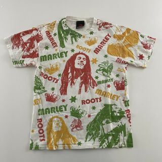 Vtg All Over Bob Marley Roots Print Short Sleeve Zion Rootswear T Shirt Men 