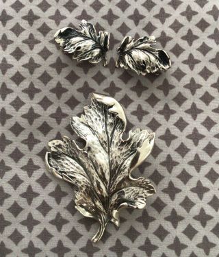 Vintage Napier Sterling Silver Pin Brooch Clip Earrings Set Oak Leaf Leaves
