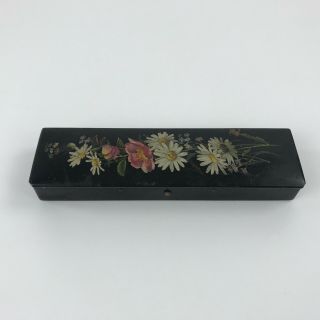 Vintage Wooden Art Artist Box Pencil Paint Brush Holder Black Floral Hinged Lid