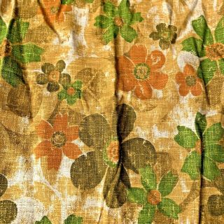 Vintage Mcm Green Orange Gold Brown Tropical Floral Pleated Curtain Drapes 88”