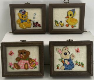 Vintage Framed Embroidery Crewel Animal Themed For Child 