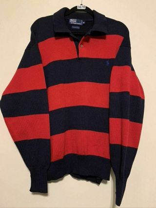 Vtg Polo Ralph Lauren Red/navy Blue Striped Knit 1/4 Button Sweater Mens Sz 2xl