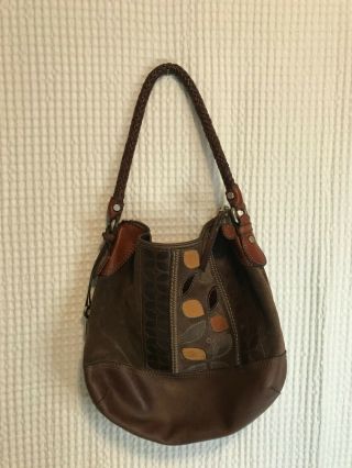 Large Vintage Fossil Brown Leather & Suede Patchwork Leaf Shoulder Bag