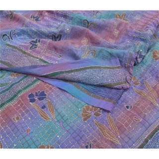 Sanskriti Vintage Sarees Pure Crepe Silk Printed Kantha Beaded Sari Craft Fabric