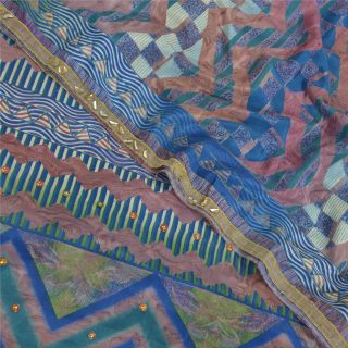Sanskriti Vintage Blue Sarees Crepe Silk Fabric Craft Printed Decor Indian Sari 3