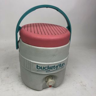 Vintage 1989 Bucket Of Fun Water Cooler By Igloo Teal Pink Blue 80’s 1 Gallon