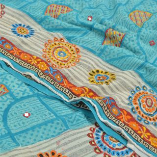 Sanskriti Vintage Blue Sarees Pure Crepe Silk Fabric Craft Printed 5 Yard Sari