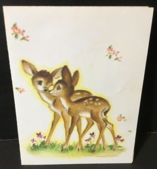 Vtg 1940s Marjorie Cooper Rust Craft Notecard 2 Adorable Baby Deer Flowers