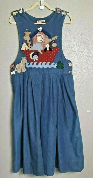 Vintage Custom Made By Dot Hackly Blue Denim Jumper Noahs Ark Applique & Buttons
