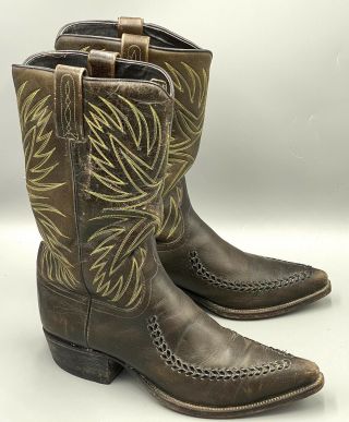 Vtg Dan Post Mens Whip Stitch Brown Leather Sniptoe Western Cowboy Boots Sz 10.  5