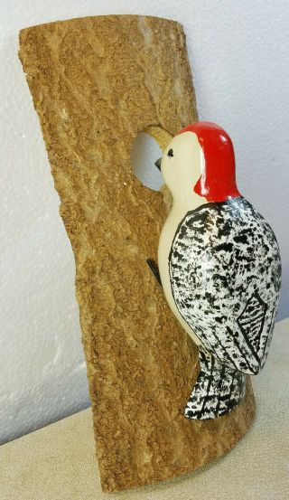 Vintage Carved Folk Art Woodpecker On Bark Slab 5 1/4 