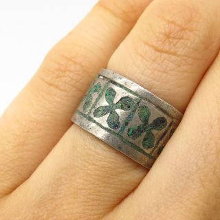 Vtg Mexico Signed 925 Sterling Silver Inlay Wide Band Ring Size 5.  5