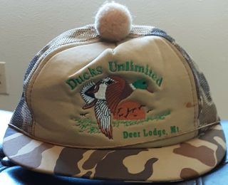 Vtg Ducks Unlimited Deer Lodge,  Montana Ladies Trucker Short Bill Fluff Ball Hat