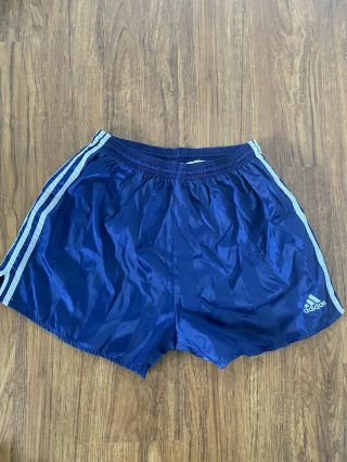 Adidas Vintage 80s 90s Nylon Soccer Shorts Trousers Navy Blue Size M