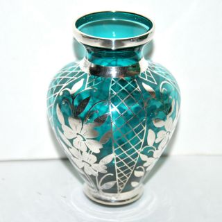 Vase Vintage En Verre Soufflé Bleu Turquoise Et Fleurs Argentées Italie Murano