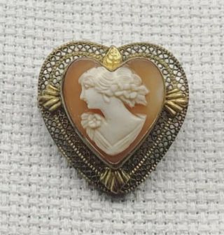 Estate Vintage Heart Shaped Brooch Hand Carved Cameo Gold Filled Filigree Frame