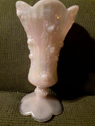 Vintage Fenton Art Glass Vase Iridescent Pink Embossed Rose Scallop