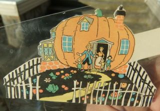 Vntg Art Deco Halloween Bridge Place Marker Family & Pumpkin House Buzza
