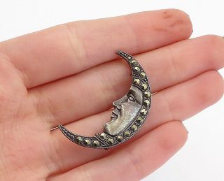 925 Sterling Silver - Vintage Marcasite Crescent Moon Face Brooch Pin - Bp6069