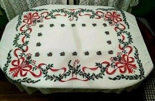 Vintage Christmas Tablecloth Candy Canes,  Holly,  Berries,  Ribbon Design - 65 X 55 "