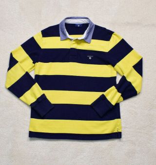 Vintage Gant Navy Yellow Striped Rugby Polo Top Size Medium