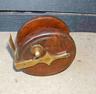 Antique Wooden Fishing Reel 3 1/2 " Centrepin Wood And Brass English Made