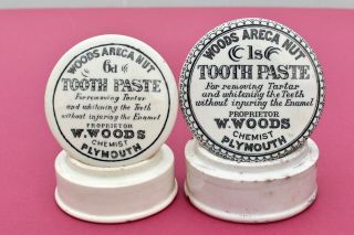 Vintage C1900s W.  Woods Chemist Plymouth 6d & 1s Toothpaste Potlids,  Base Pots