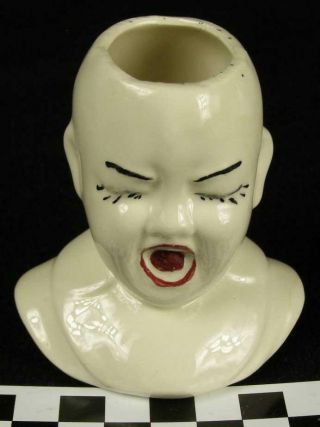 Vintage Screaming Crying Baby Head Pottery China Toothpick Holder (hh)