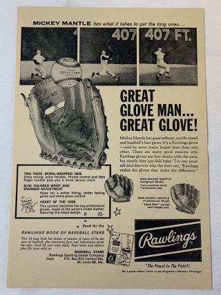1961 Rawlings Baseball Glove Ad Mickey Mantle Ny Yankees 6.  5x9 Inches
