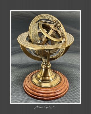 Vintage Nautical Brass Armillary Sphere Astrolabe Marine Horoscope - Wooden Base